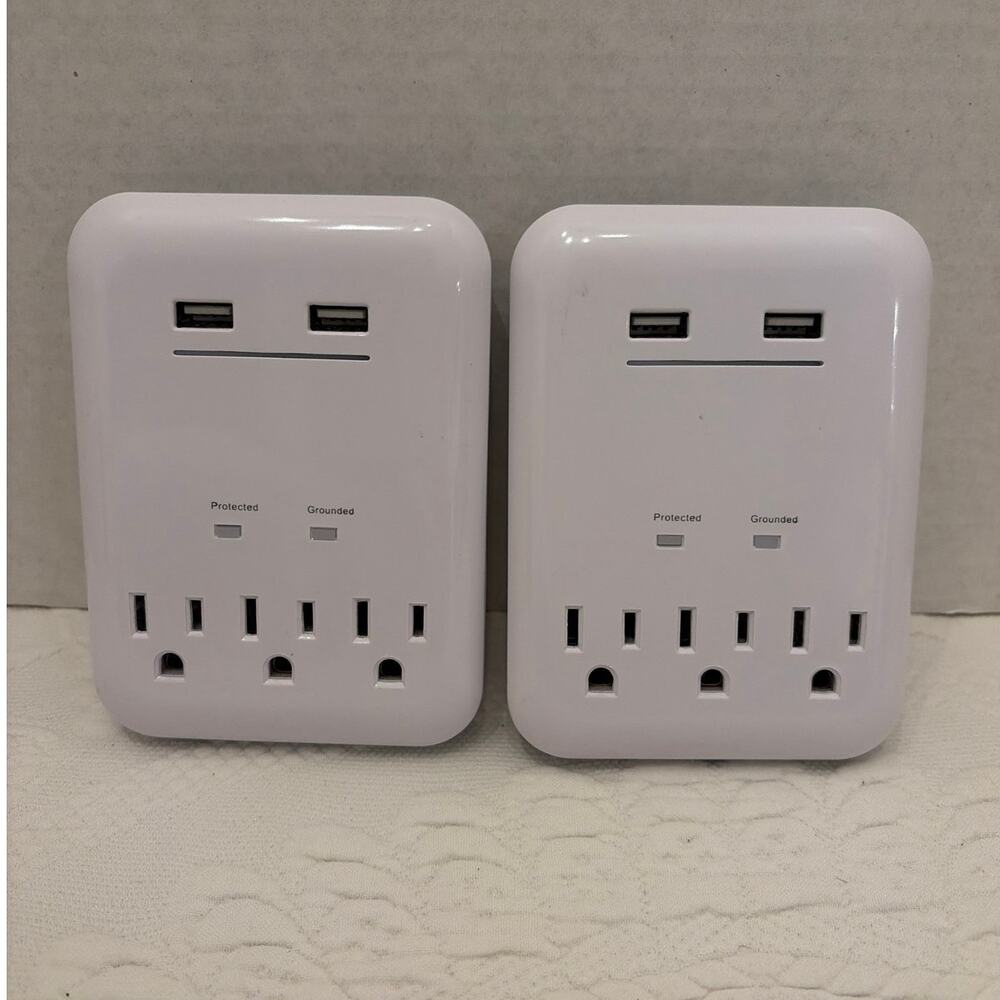 Lot 2 USB Wall Outlet Expanders 3 Grounded Outlets Dual USB Charging Ports